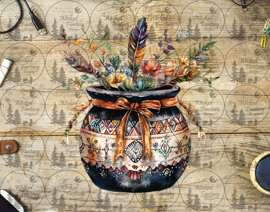 UVDTF Aztec Ceramic Pot with Floral Arrangement