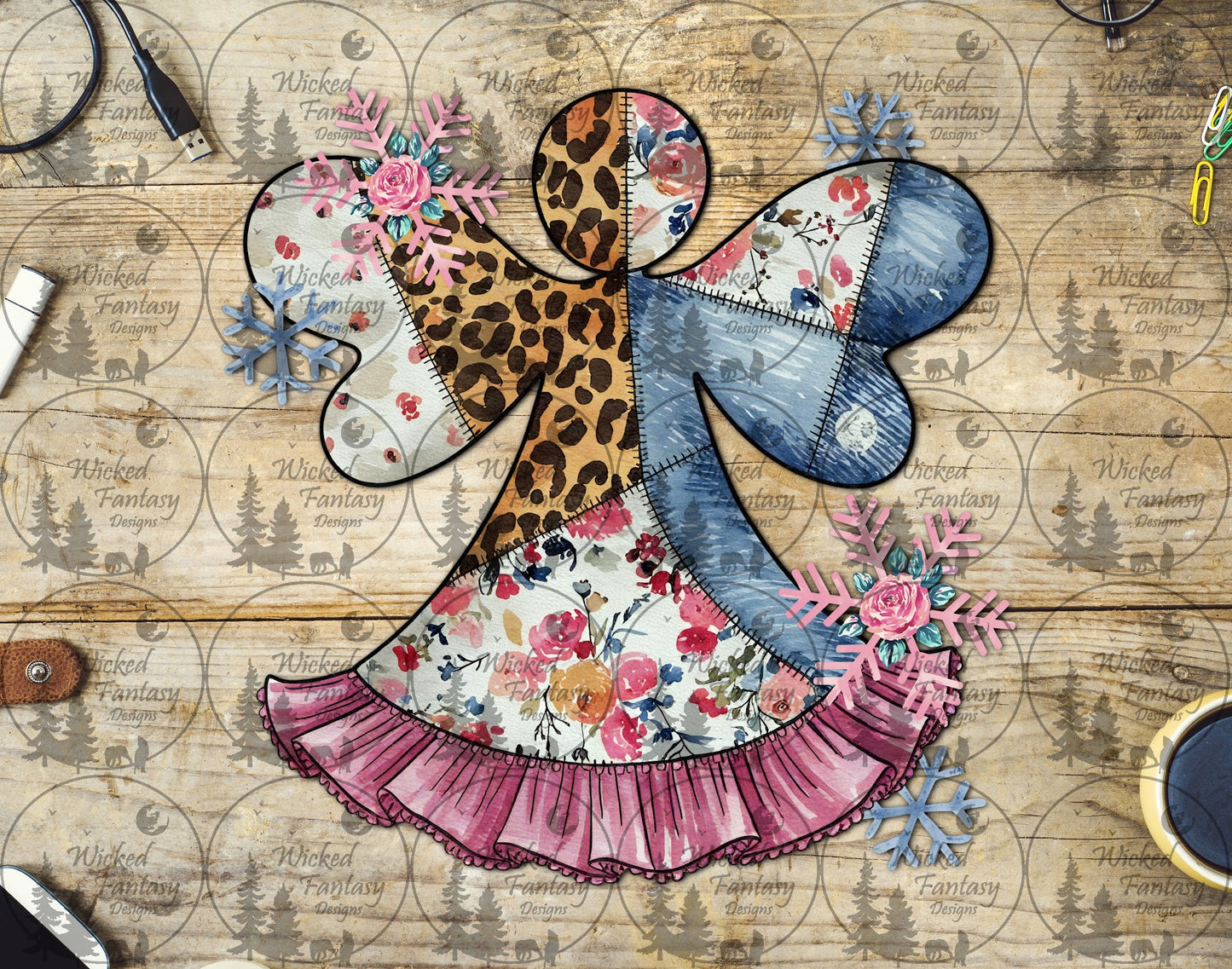 UVDTF Patchwork Quilted Denim and Leopard Angel
