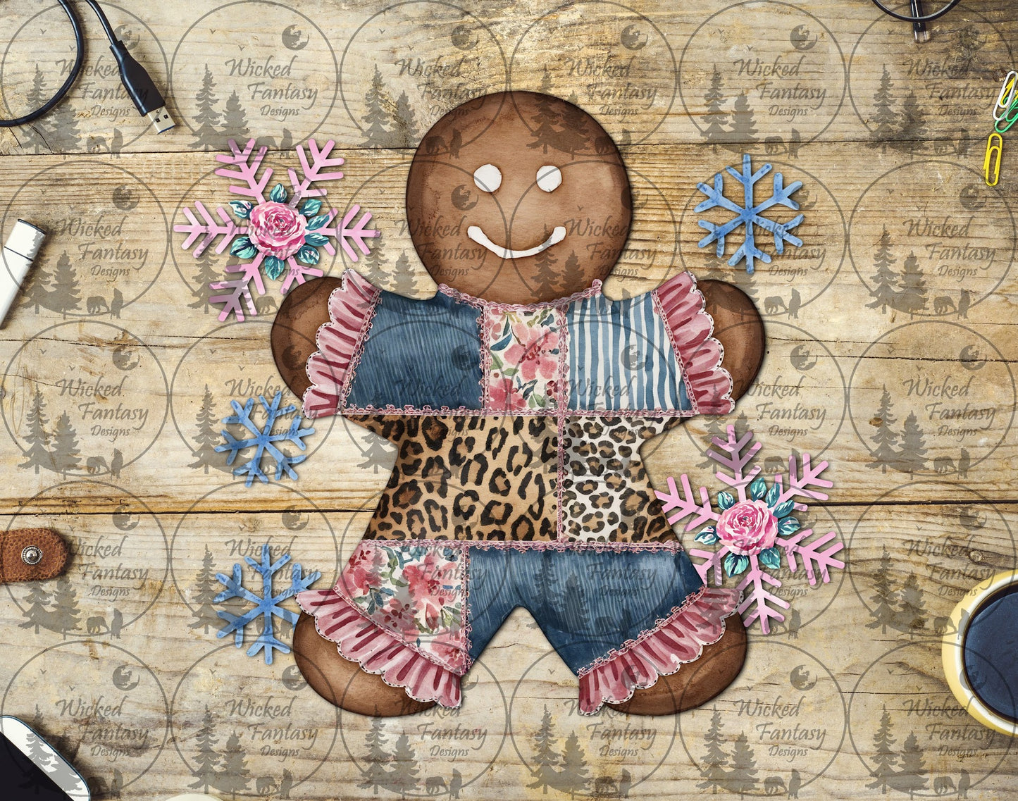 UVDTF Patchwork Quilted Denim and Leopard Gingerbread Man