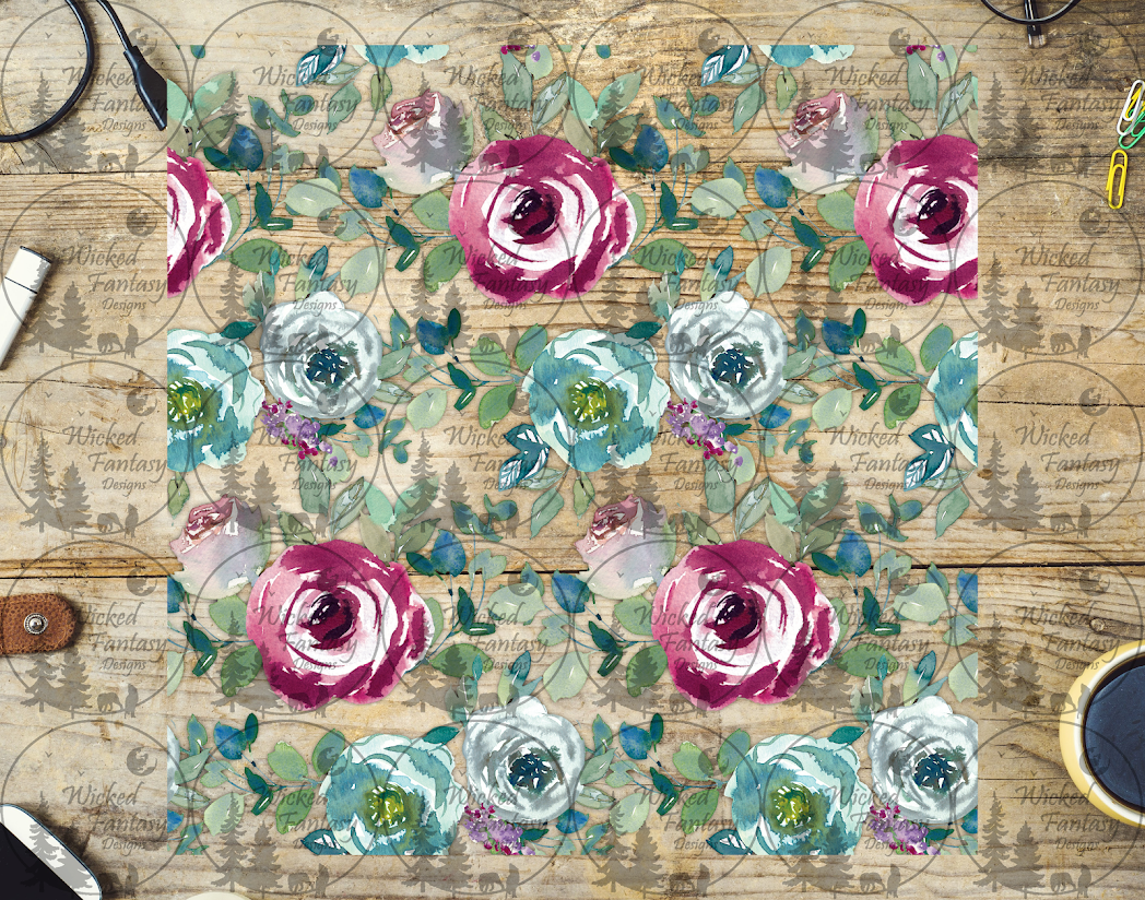 UVDTF Watercolor Teal and Magenta Flowers 20oz 30oz 10"x10" Element