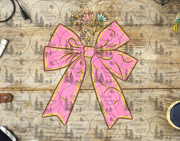 UVDTF Pink Spring Bow with Gold Outlines