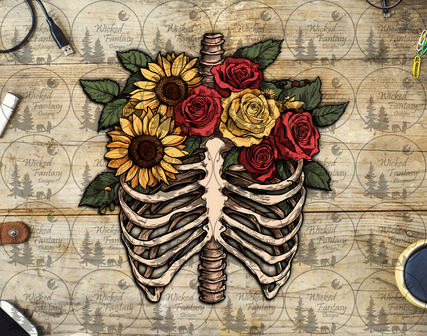 UVDTF Skeleton Chest with Sunflowers and Roses