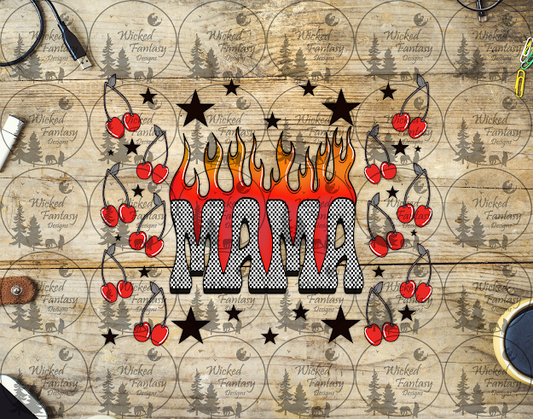 UVDTF Mama Checkered Flames and Cherries 20oz 30oz 10"x10" Element