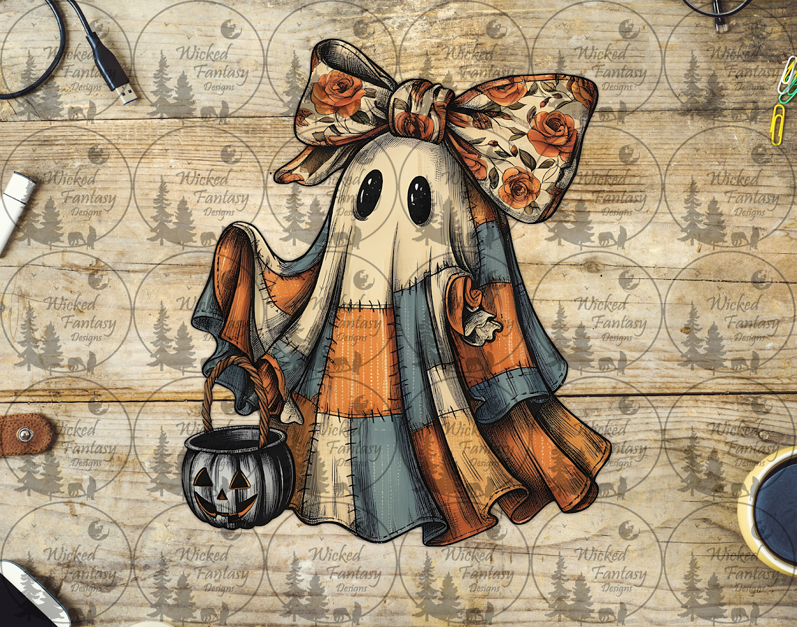 UVDTF Orange and Dusty Blue Patchwork Ghost