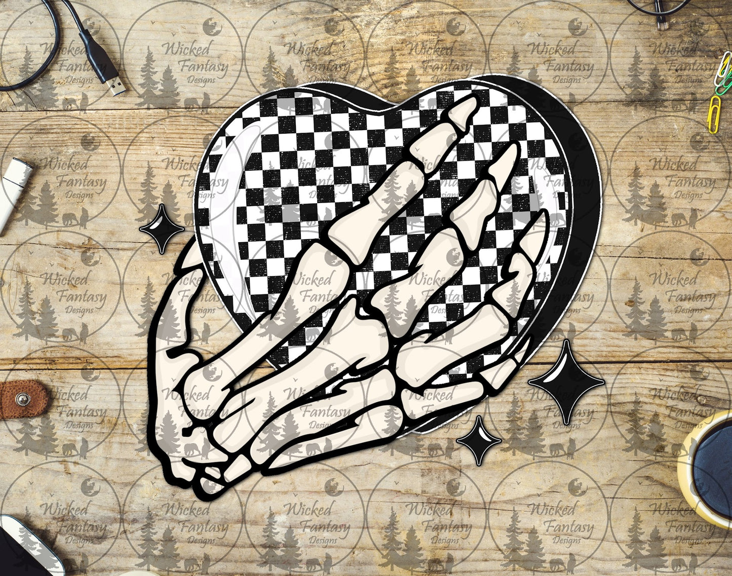 UVDTF Checkered Heart and Skeleton Hand