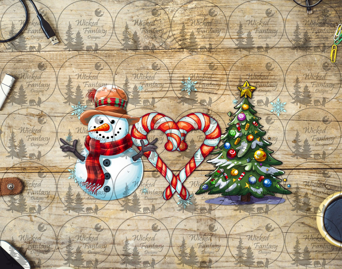 UVDTF Snowman Candy Cane Heart and Christmas Tree