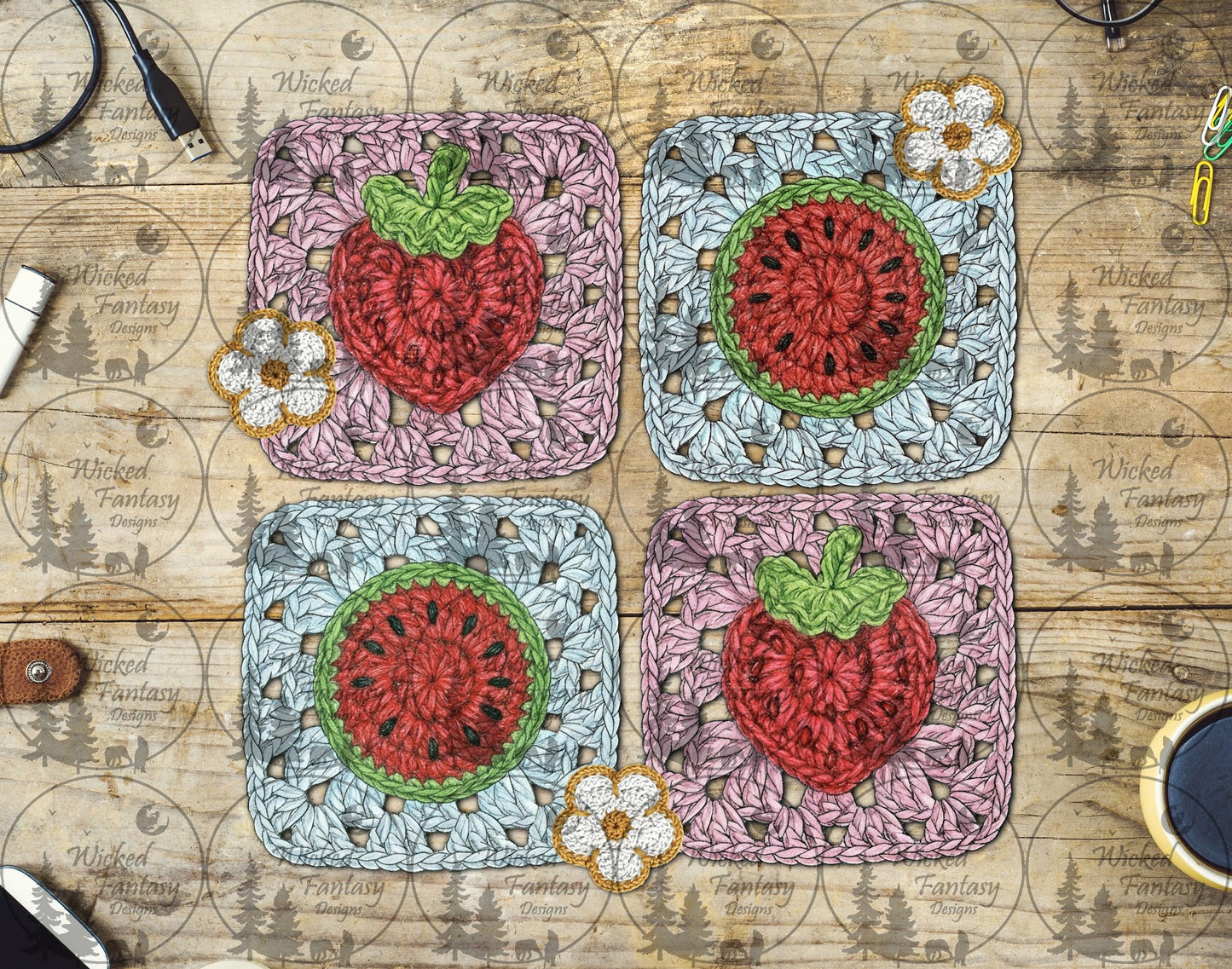 UVDTF Crochet Strawberry and Watermelon Squares