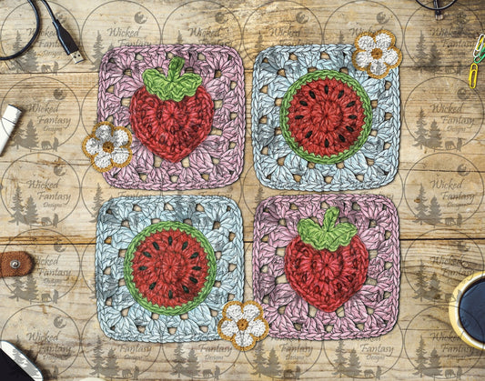 UVDTF Crochet Strawberry and Watermelon Squares