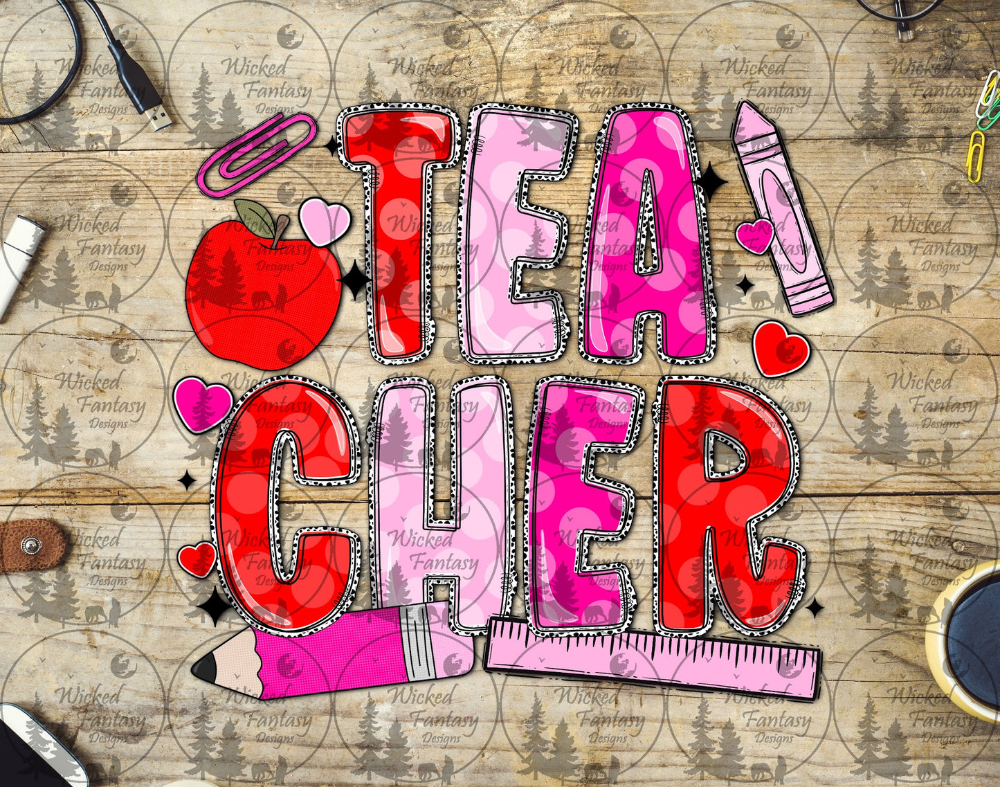 UVDTF Teacher Red and Pink Bubble Letters