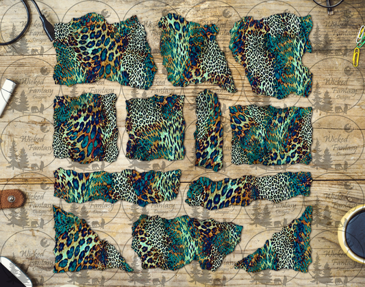 UVDTF Teal Leopard Print  Ripped Pages Element Sheet