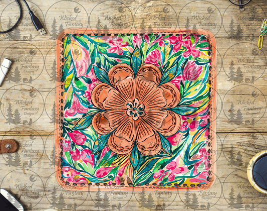 UVDTF Painted Floral Tooled Leather Patch