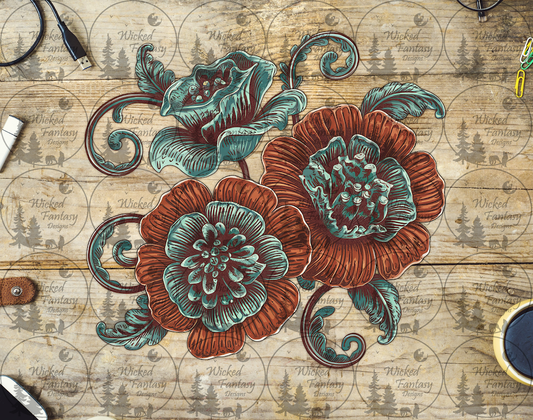 UVDTF Teal and Rust Tooled Florals