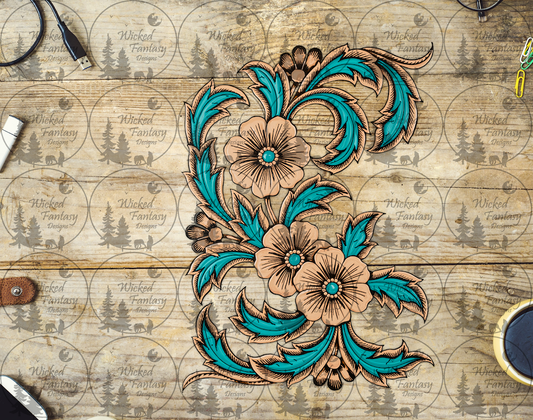 UVDTF Teal and Tan Western Tooled Florals