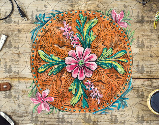 UVDTF Painted Floral Tooled Leather Circle
