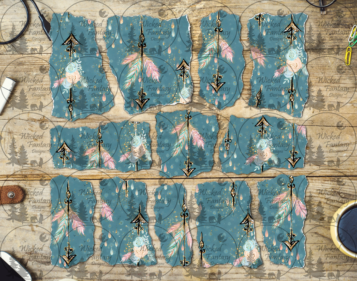 UVDTF Teal Arrow And Feather Ripped Pages Element Sheet
