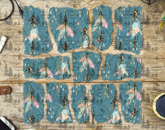 UVDTF Teal Arrow And Feather Ripped Pages Element Sheet