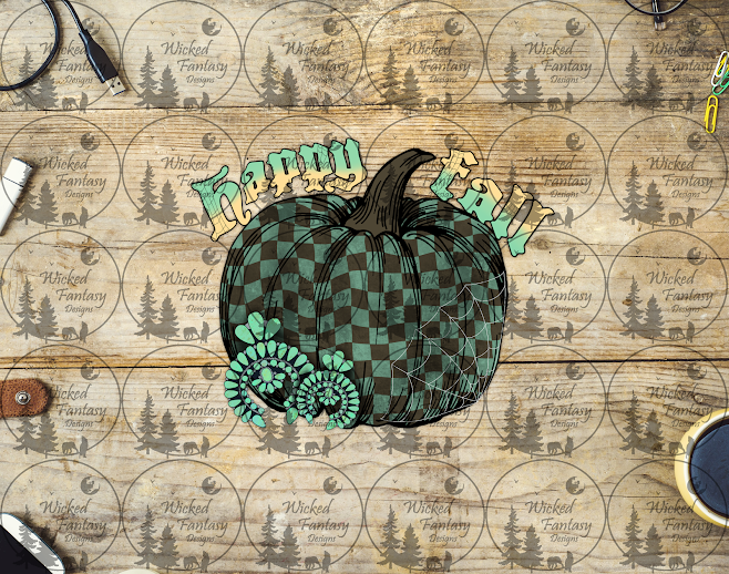 UVDTF Happy Fall Checkered Pumpkin and Turquoise