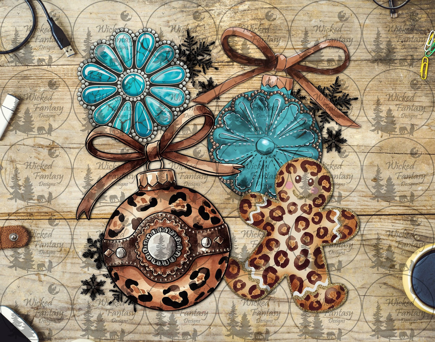 UVDTF Leopard and Turquoise Christmas Ornaments