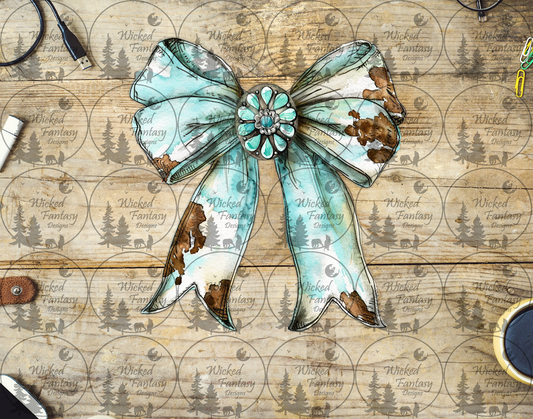UVDTF Aqua and Cow Print Bow with Concho