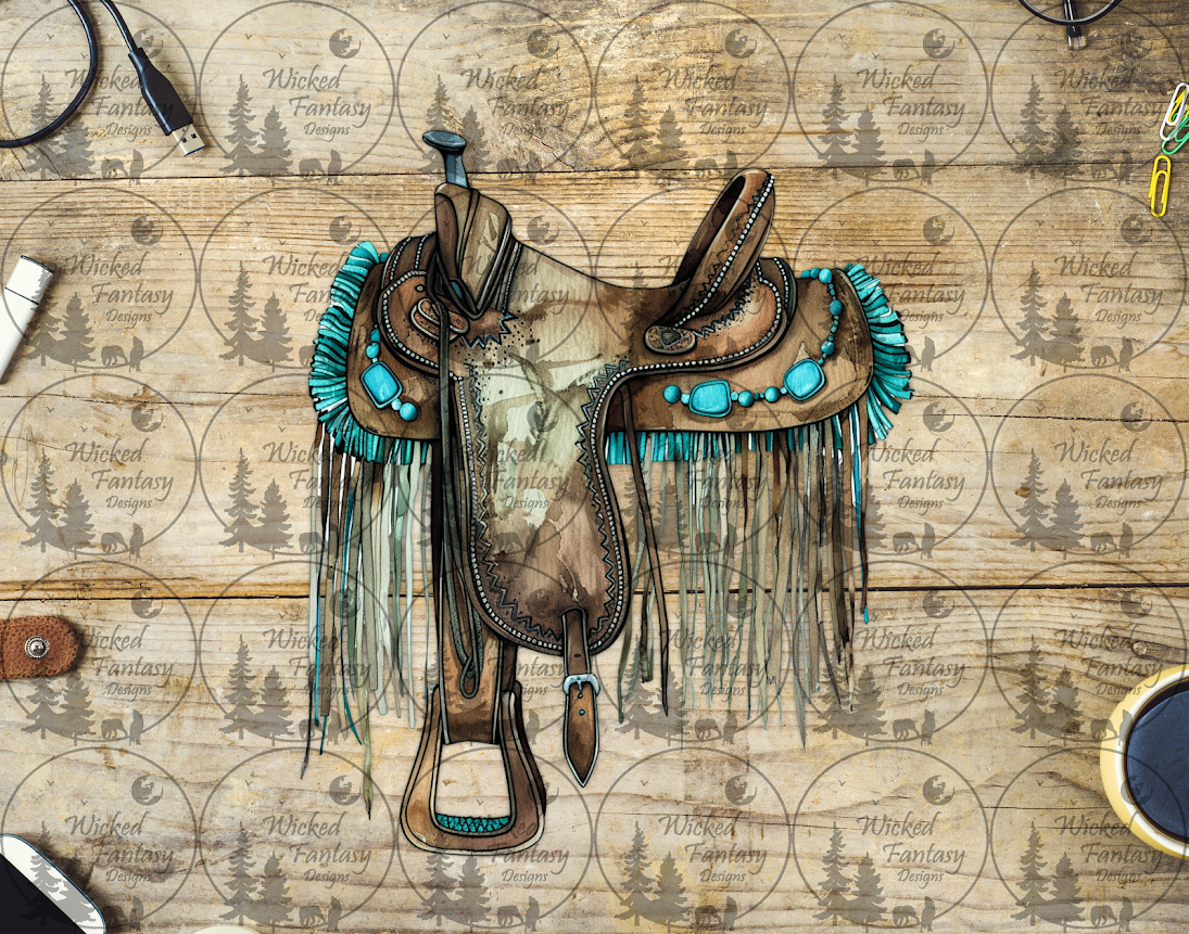UVDTF Western Saddle with Turquoise and Fringe