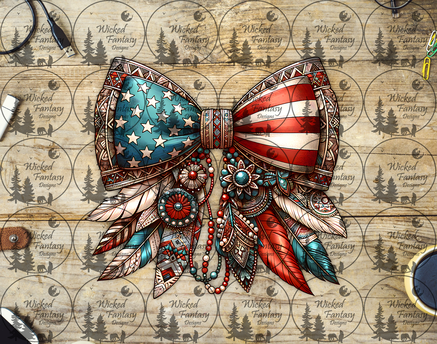 UVDTF Stars and Stripes Bow with Feathers and Conchos