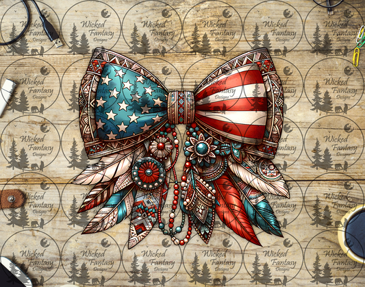 UVDTF Stars and Stripes Bow with Feathers and Conchos