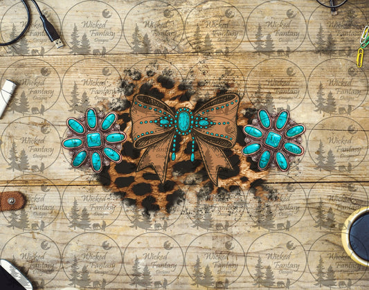 UVDTF Leopard with Turquoise Leather Bow and Conchos