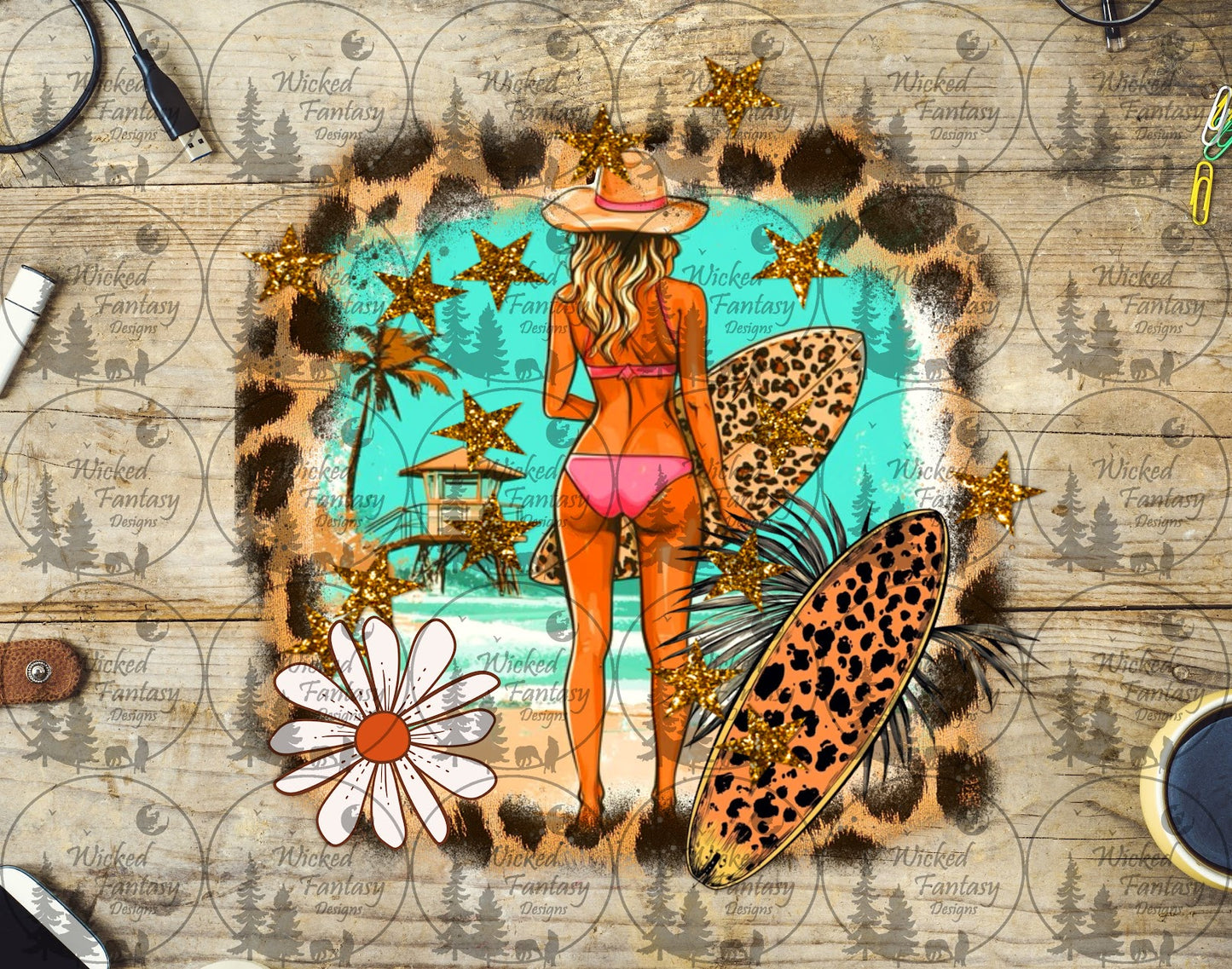 UVDTF Beach Life Bikini and Leopard Print Surf Board