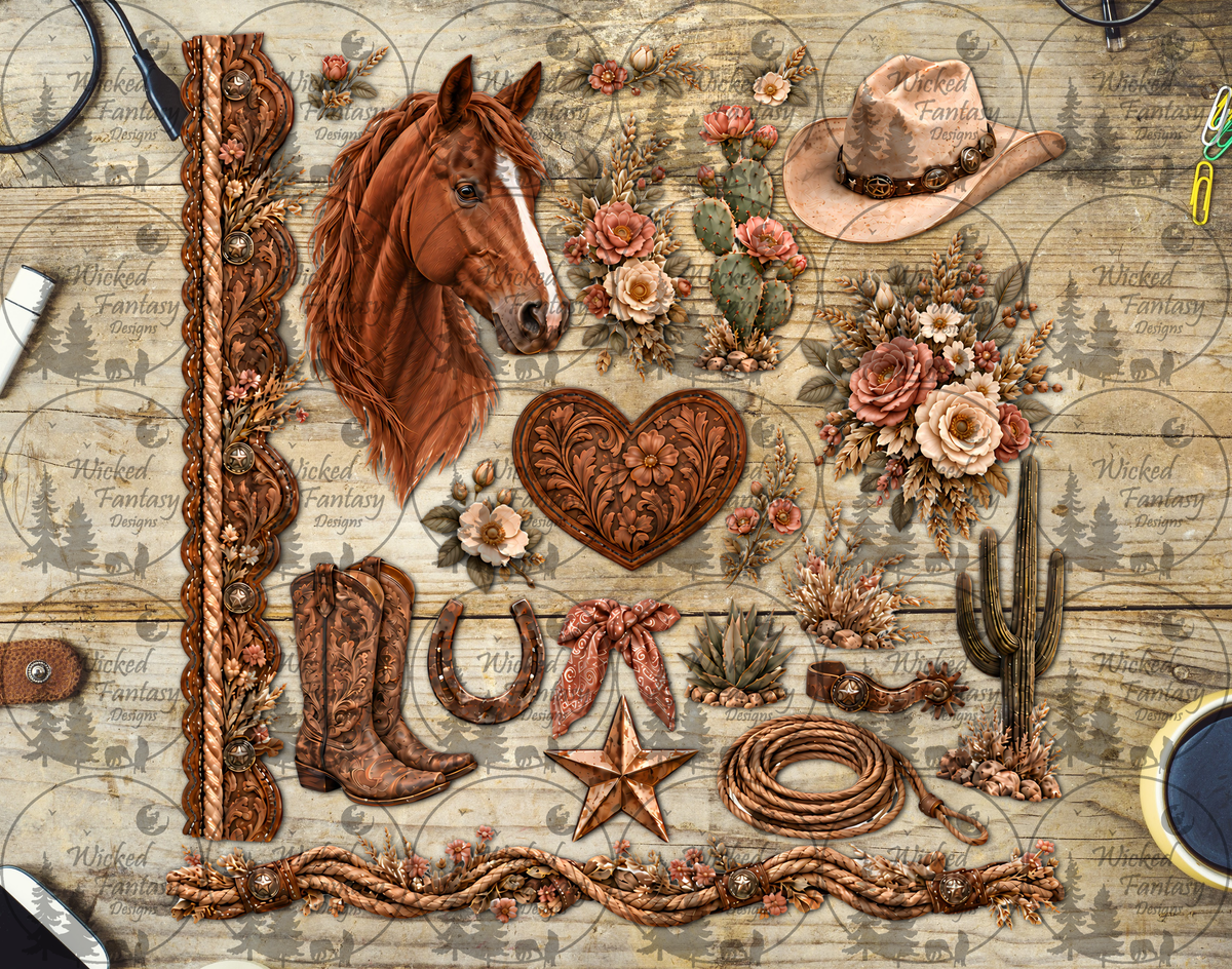 UVDTF Vintage Western Horse Floral Element Sheet