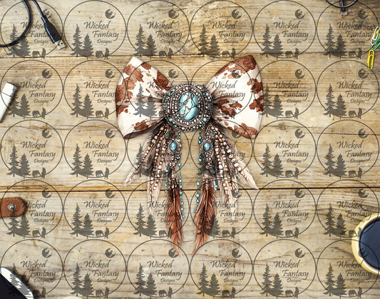UVDTF Cow Print and Turquoise Concho Bow with Feathers and Beads