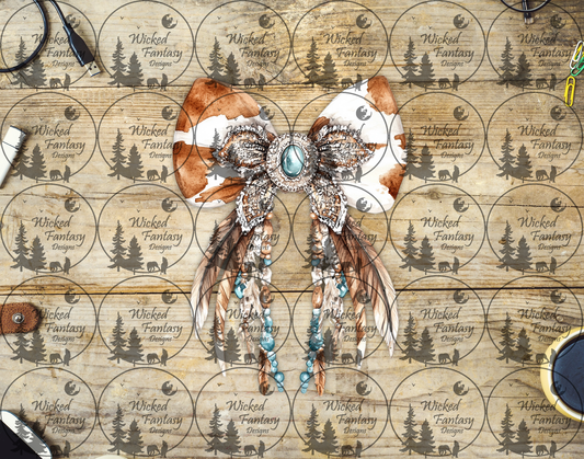 UVDTF Cow Print and Turquoise Concho Bow with Feathers