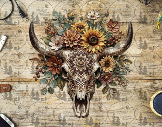 UVDTF Floral Cow Skull in Oil Impasto Style