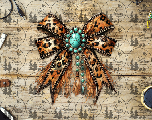 UVDTF Leopard and Turquoise Concho Bow with Fringe