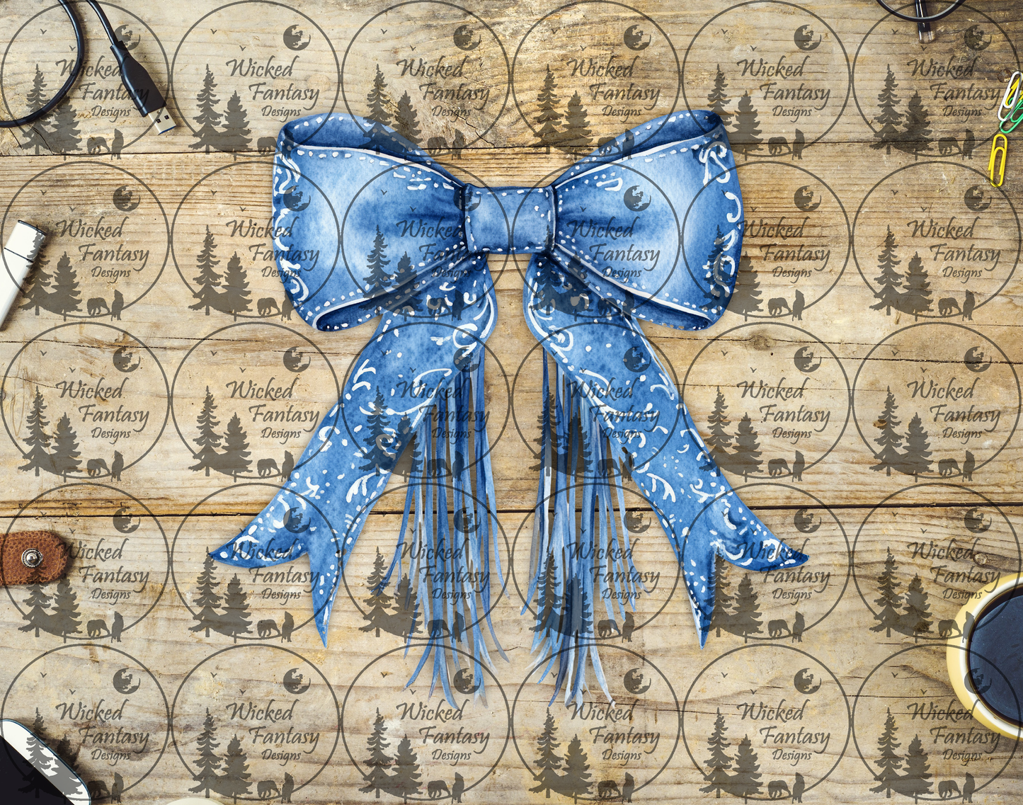 UVDTF Blue and White Bow with Fringe