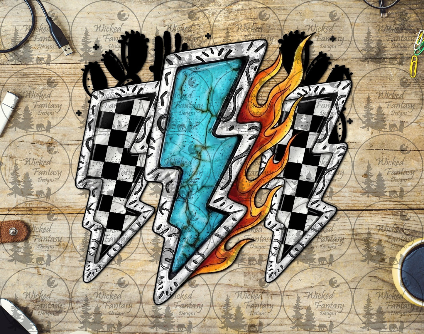 UVDTF Checkered Lightning Bolts and Flames