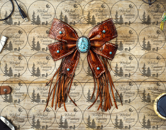 UVDTF Tooled Leather Bow with Turquoise Concho