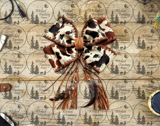 UVDTF Cow Print Bow with Brown Fringe and Buckstitch