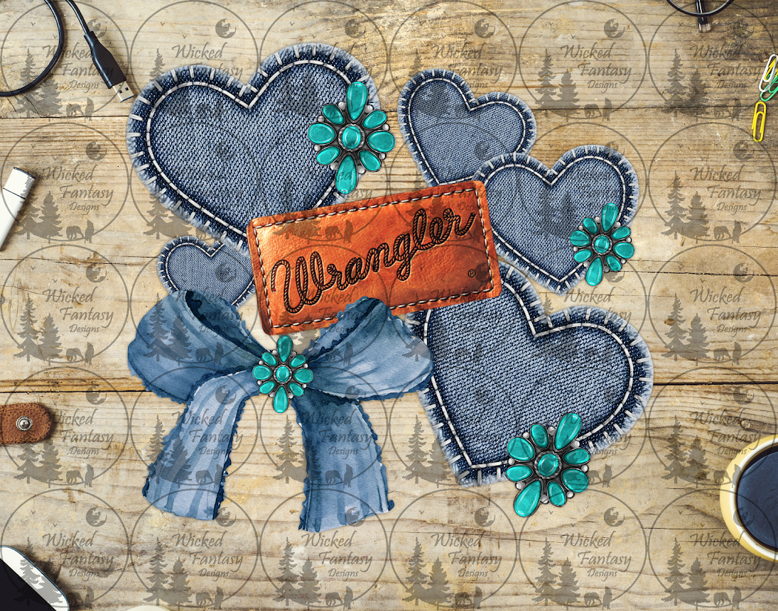 UVDTF Blue Jean Hearts Conchos and Leather Patch