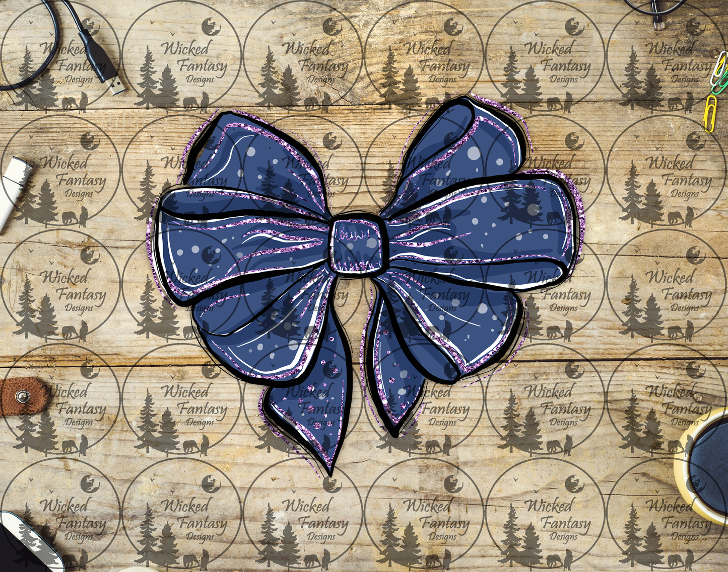 UVDTF Illustrated Blue Bow with Purple Accents