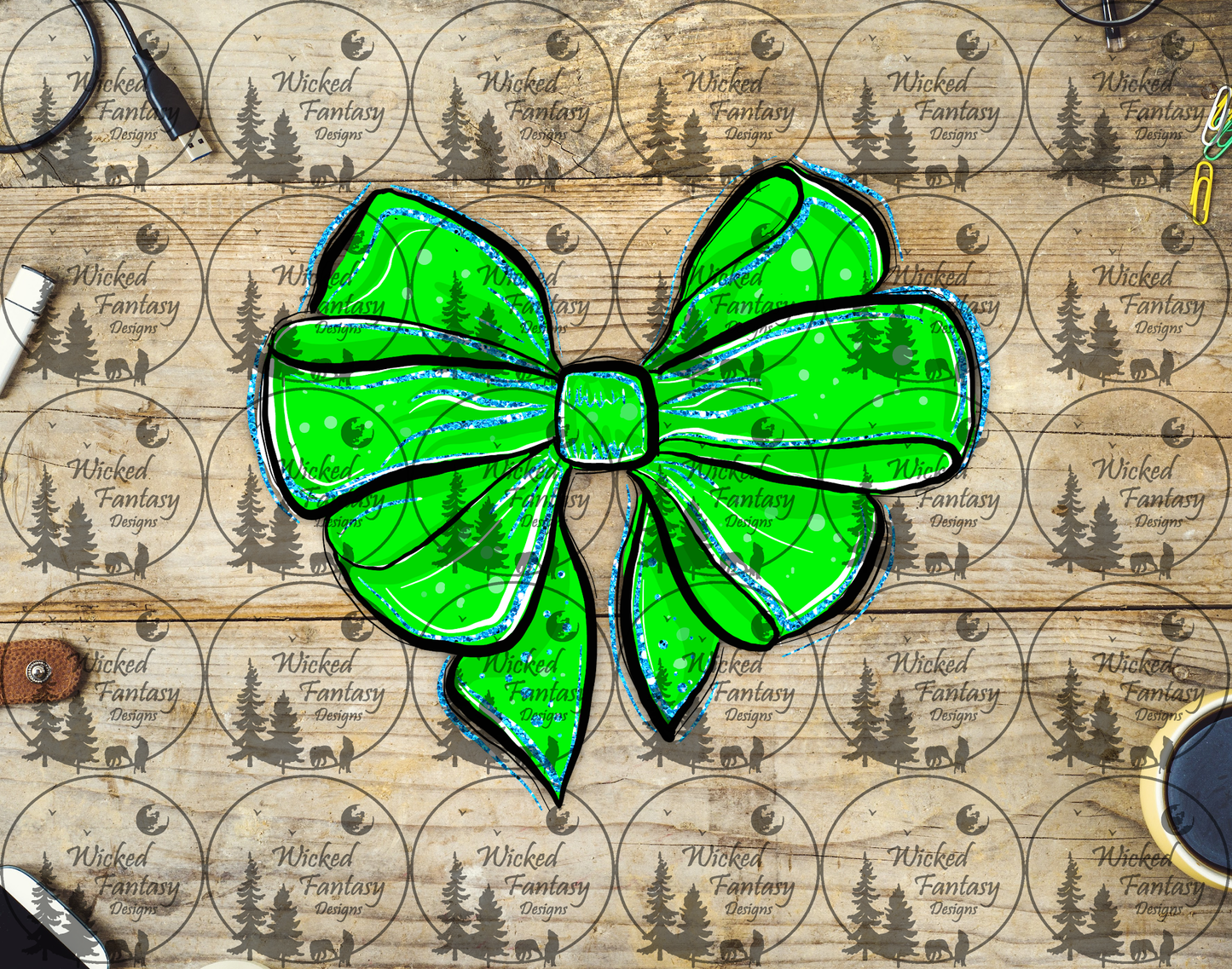 UVDTF Illustrated  Bright Neon Green Bow