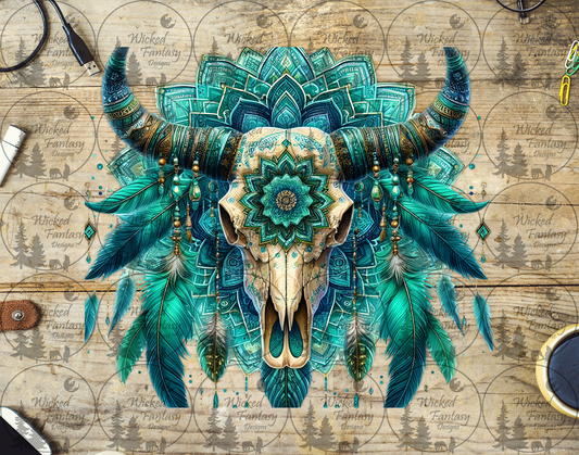 UVDTF Teal Cow Skull Mandala and Flowers