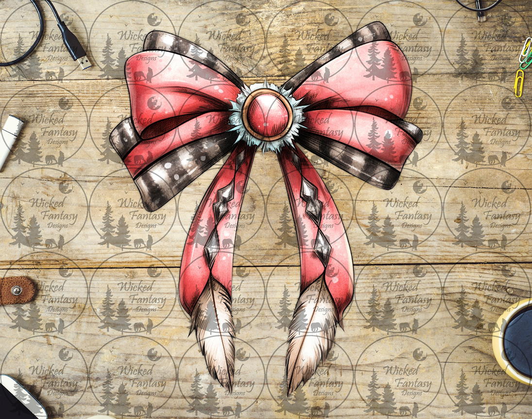 UVDTF Faded Red and Brown Bow with Feathers