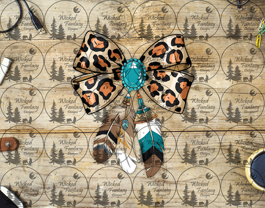 UVDTF Illustratred Leopard Print Bow with Feathers