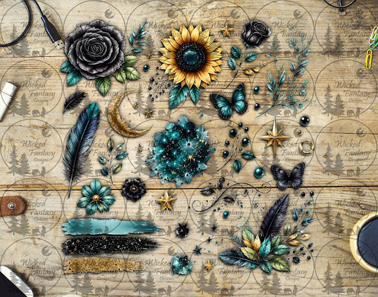 UVDTF Teal Starlit Floral Element Sheet