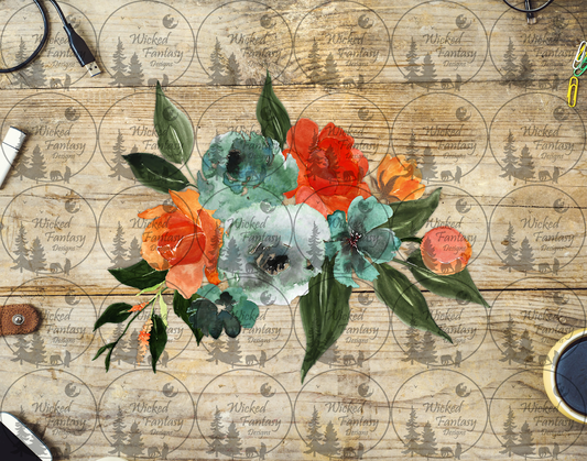 UVDTF Blue Teal and Peach Flower Arrangement