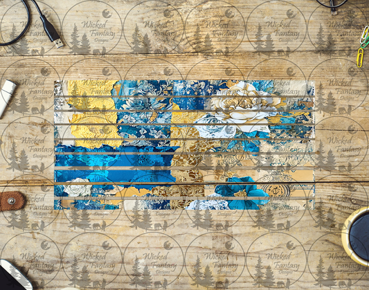 UVDTF Blue and Gold Floral Patchwork Striping 6x12" element