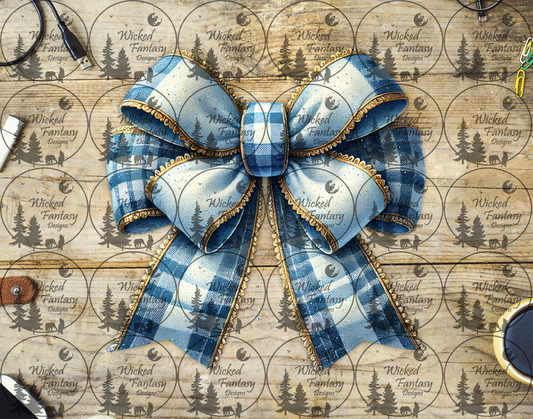 UVDTF Blue and White Plaid Bow with Gold Edges