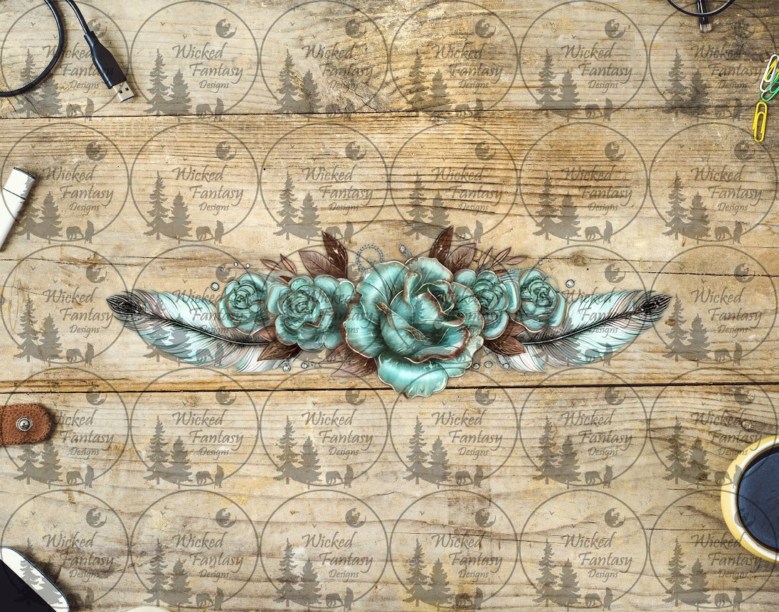 UVDTF Aqua Roses and Feathers Arrangement 16oz 40oz