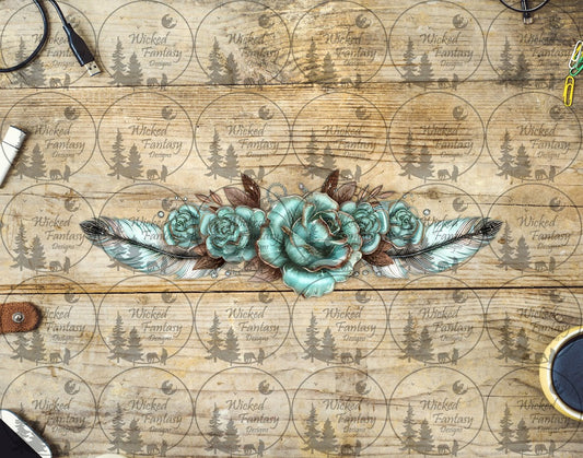 UVDTF Aqua Roses and Feathers Arrangement 16oz 40oz