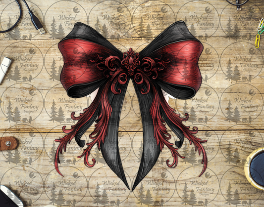 UVDTF Black Bow with Red Ribbon and Filagree